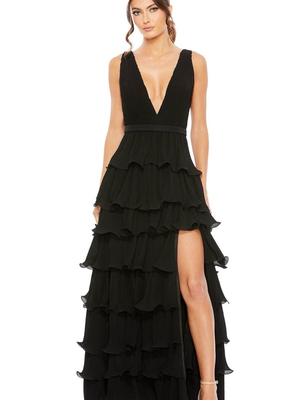 Mac Duggal Black High-Low Ruffle V-Neck Evening Gown